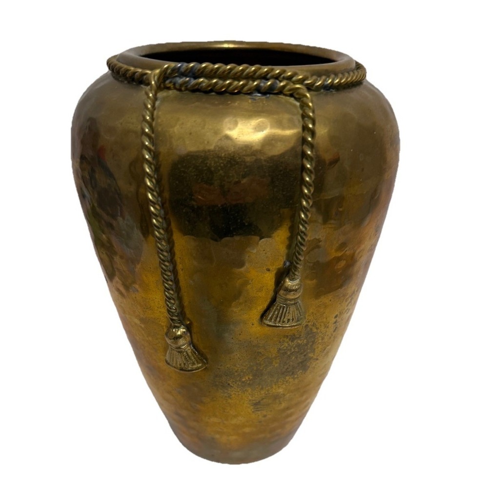 Vintage Hammered Brass Vase with Rope and Tassel Detail - 9" Tall Boho Decor
